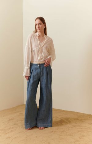 Pantalone ampio in chambray lino & cotone