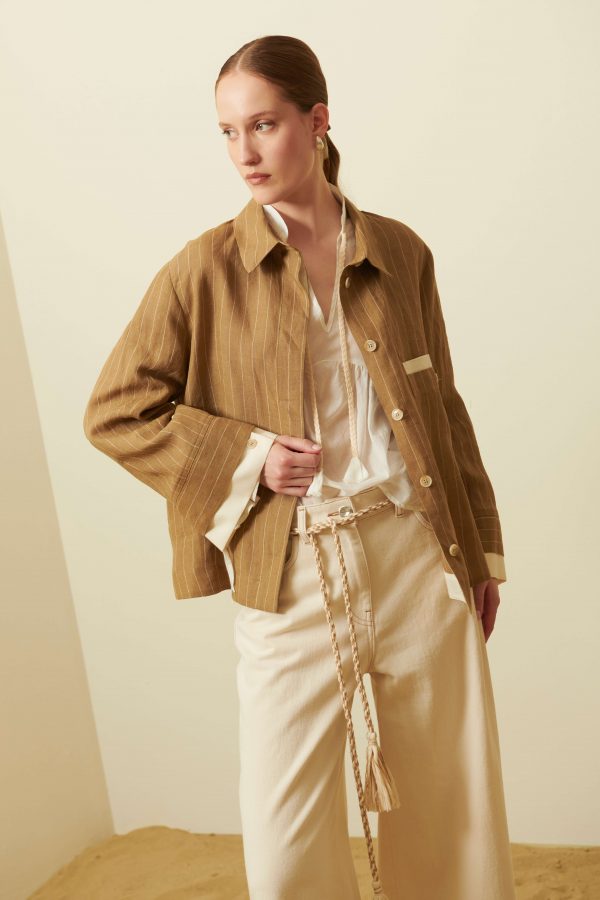 Overshirt gessata in lino - immagine 5